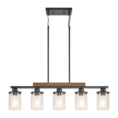 Feohak 5-Light Dining Room Light Fixture,Farmhouse Black Metal and Wood Kitchen Island Light with Glass Shade
