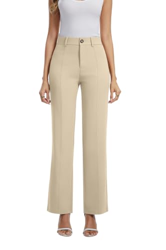 Auravista Women's Business Casual Wide Leg Pants High Waisted Stretchy Dress Trousers Summer Work Pants with Pockets Apricot at Amazon
