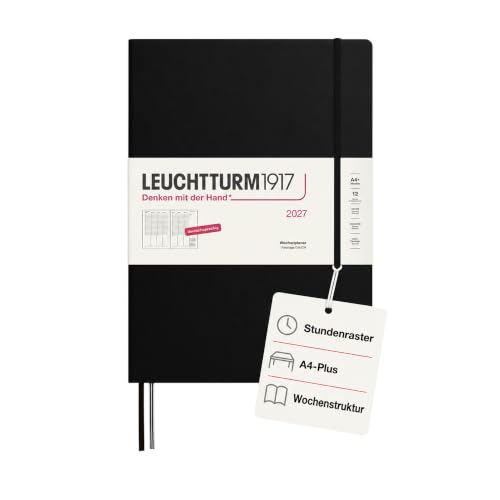 LEUCHTTURM1917 Weekly Planner 2027 A4+ (Master) - German, Black, 315 x 225 mm, January-December (12 Months), Weekly Overview with Hour Grid 7:00-22:00 per Column, Hard Cover, 100 g/m² Paper