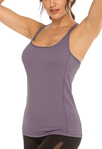 OVESPORT Sports Tank Tops for Women Bulid in Bra Workout Yoga Shirt with Removed Pads Strappy Back Fitness Activewear (BX2281, Purple, S) - Thumbnail 2