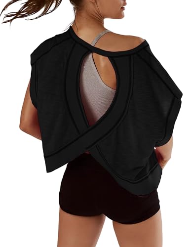 Kumufenc Women Short Sleeve Workout Shirts Open Back Tops Casual Yoga Y2k Athletic Gym Slouchy Crop Running Tees