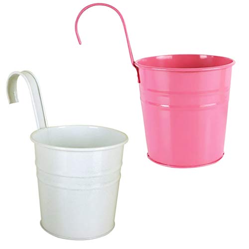 BESPORTBLE Hängetopf Balkon Metall Blumentopf Vase Vintage Blumeneimer Pflanzkübel Pflanztopf zum Hängen Übertopf mit Haken für Garten Balkon Dekoration Wanddeko Rosa Weiß 2 Stück – Bild 3