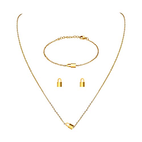 JewelryWe Women Girls Jewelry Set,Fashion Tree of Life Pendant Lock Charms Stainless Steel Necklace Bracelet & Stud Earrings Set