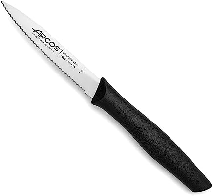 Coloca 3 facas de descascar. 3 facas de descascar em aço inoxidável e cabo ergonómico de polipropileno para cortar frutas, legumes e tubérculos. Série Nova. Cor preta.
