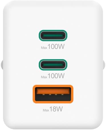 | Cargador rápido de Pared Universal. (Tecnología GAN 100w, 2X USB c Power Delivery, 1x USB a Quick Charge, Carga simultánea 3 Dispositivos) Blanco.