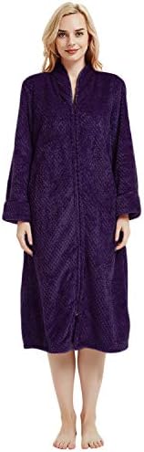 LAPAYA Women's Fleece Robe Calf Length Long Sleeve Fluffy Plain Zip Front Bathrobe
