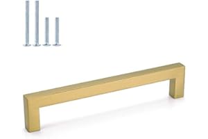 homdiy 6 Pack 5 Inch Brushed Brass Cabinet Handles, Square Gold Cabinet Pulls, Hole Centers 5 Inch, Rust-Resistant, for Kitch