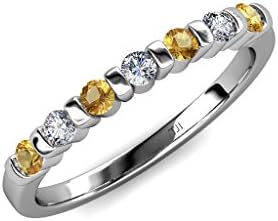 Citrine and Diamond (SI2-I1, G-H) 7 Stone Wedding Band 0.21 ct tw in 14K White Gold.size 6.5