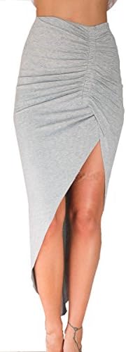 Women WRAP Banded Draped Hi Low Asymmetrical High Waist Maxi Sexy Skirt (S, Grey)