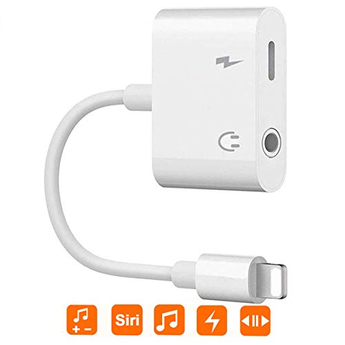 Headphone Jack Adapter Dongle for iPhone Xs/Xs Max/XR/ 8/8 Plus/X (10) / 7/7 Plus Adapter to 3.5mm Jack Converter Car Charge Accessories Cables & Audio Connector 2 in 1 Earphone Splitter Adaptor-White