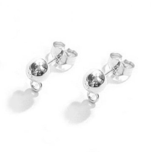 2 pcs .925 Sterling Silver Button Half Ball Stud Earring Loop Post 5mm with Clutches / Connector / Findings / Bright