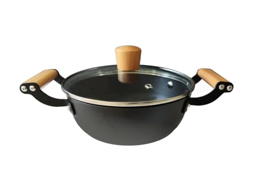 Baumalu - Gusseisen-Emaille-Topf - Herdarten, einschließlich Induktion - Rost- und Kratzfest - Glasdeckel mit Edelstahlrand und Dampfauslass - Lackierte Buchenholzgriffe - Ø20cm - Schwarz/Holz