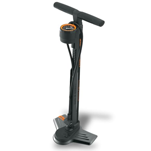 SKS GERMANY AIRMOTION 12.0 Standpumpe (Luftpumpe für alle Ventilarten, Manometer Oben, Stahlrohr, Metallfuß, Soft-Touch-Griff, max. Druck: 12 bar / 17