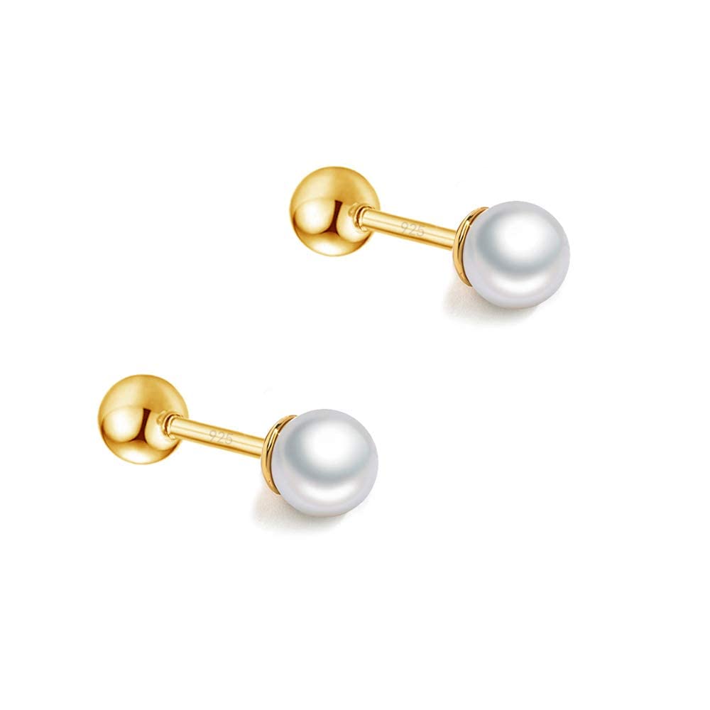 Simulated Pearl Stud Earrings for Women Girls 925 Sterling Silver Screw Back Helix 20G Barbell Piercing Sleeper Cartilage Tragus Earring Dainty Freshwater Jewelry Hypoallergenic Gift Birthday (3.5mm)
