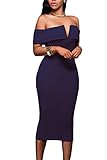 Alvaq Women's Sexy V Neck Off The Shoulder Evening Bodycon Club Midi Dress
