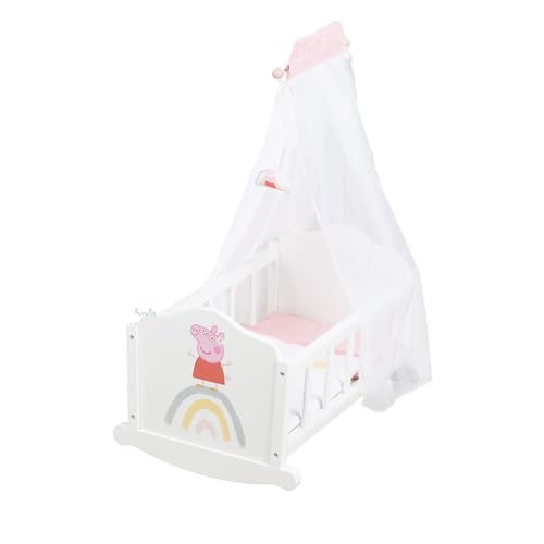 roba Puppenwiege Peppa Pig aus Holz inkl. Zubehör - Puppenbett mit Kissen, Decke & Himmel - Motiv der Zeichentrick Serie - Puppenmöbel Weiß / Rosa lackiert