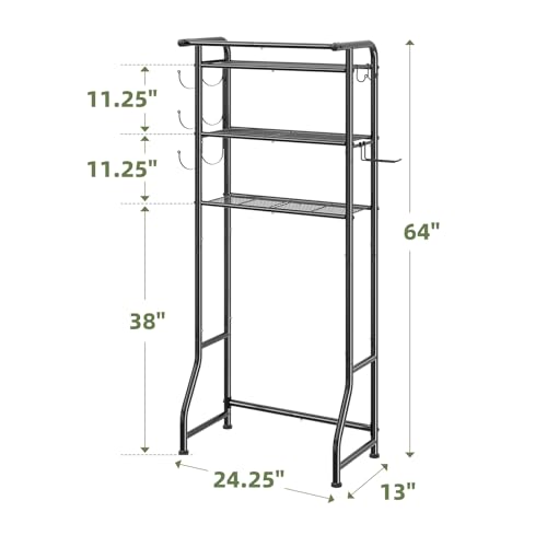 Simple Trending Over The Toilet Storage Cabinet, Metal Bathroom Shelf Organizer with Paper Holder and Hooks, 3 Tier, Black