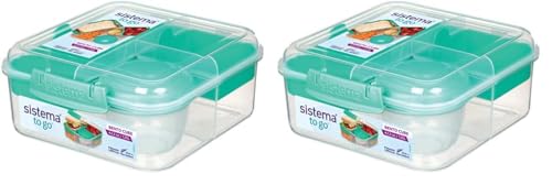 Sistema Bento Box TO GO Brotdose mit Fächern | 1,25 L Lunchbox mit Joghurt-/Fruchtbehälter | für Kinder & Erwachsene l | BPA-frei | Minty Teal [21685-8T], Mintgrün (Packung mit 2)
