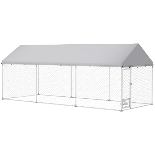 PawHut Outdoor Dog Kennel with Roof, Heavy Duty Dog Run Outdoor Fence Cage with Adjustable & Rotating Bowls, Water-Resistant UV-Resistant Cover, Secure Lock, 19.7' x 7.5' x 7.5'