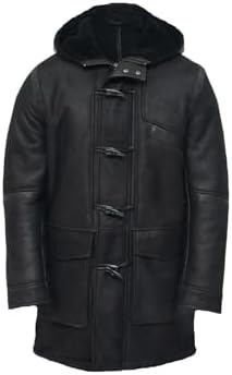 Infinity Men's Brown Sheepskin Leather Detachable Hood Duffle Coat