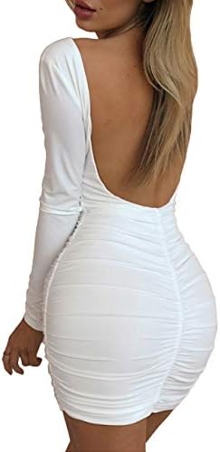 Navvour Women's Backless Long Sleeve Ruched Bodycon Solid Casual Club Mini Dress
