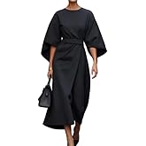 Women's Round Neck Midi Dress Lantern Sleeve Slim Fit Pleated Casual Elegant Formal Work Party A-Line Dress with Belt