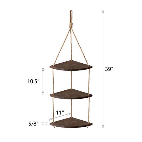 Mkono Hanging Corner Shelf 3 Tier Wall Shelf with Jute Rope Wood