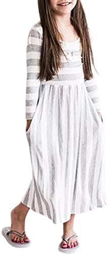 Anloli Girls Long Sleeve Striped Printed Casual Long Maxi Dress with Pocket(4-13 Years)