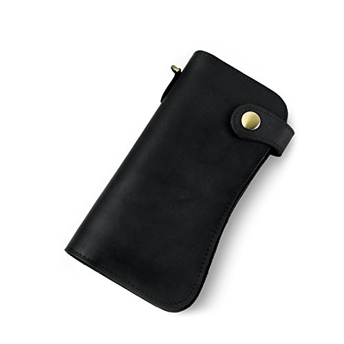 Le'aokuu Mens Genuine Leather Bifold Wallet Organizer Checkbook Iron Chain (The Black)