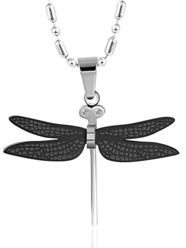 Women Dragonfly CZ 3x4.3CM Stainless Steel Pendant Necklace Black Aooaz Jewelry