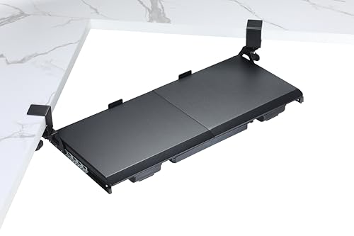 ETHU Keyboard Tray Under Desk, Corner Keyboard Tray with 45° Adjustable C Clamp for L Shaped Desk, Computer Keyboard & Mouse Tray Smooth Slide Out for Typing, 26.77" W x 11.81" D, Black