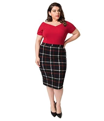 Plus Size Vintage Style Black & Red Tattersall Plaid High Waist Stretch Pencil Skirt