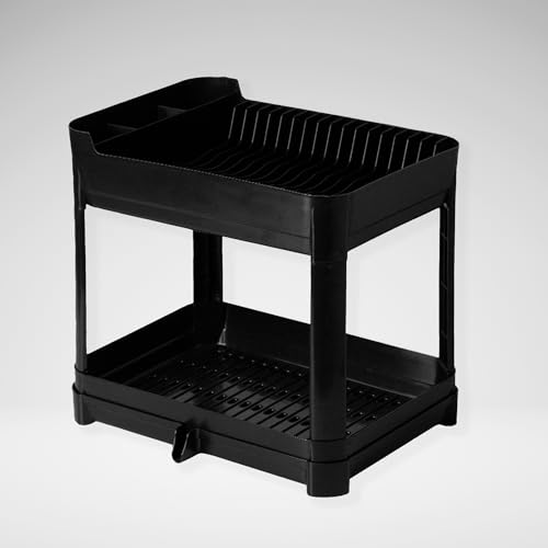Escorredor de Pratos Duplo Fly Paramount com Bandeja – Organizador de Cozinha, Maior Capacidade, Fácil de Limpar, Resistente, Compacto e Prático para Pia e Bancada (Preto)