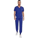 niaahinn Men Scrub Set-Stretch V-Neck Scrub Top & Jogger Pant with 9 Pockets, Yoga Waistband, Anti-Wrinkle Scrubs for Men Royal Blue