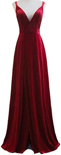 V-Neck Velvet Prom Dresses Long Evening Party Gown Backless with Split Front V9