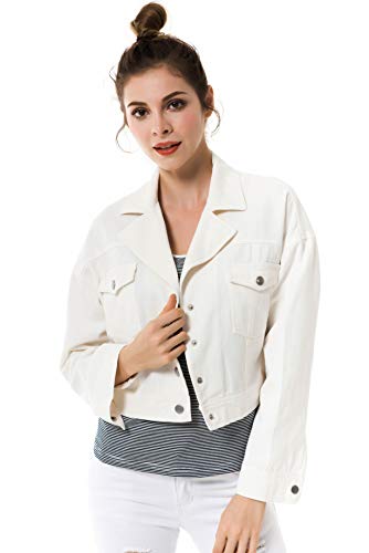 Apperloth Womens Long Sleeve Basic Button Down Denim Jean Cotton Jacket with Pockets White