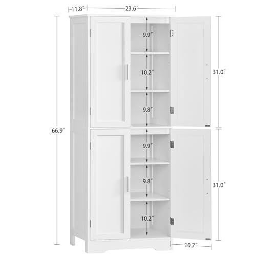 TEENFON 67" Storage Cabinet, Kitchen Pantry Cabinet with 4 Doors and 2 Adjustable Shelves, Tall Bathroom Cabinets, Cupboard, for Dining Room,White