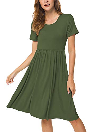 DB MOON Women Summer Casual Short Sleeve Dresses Empire Waist Dress with Pockets (Army Green, XS) - Image 6