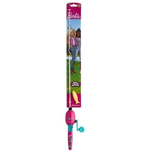 SHAKESPEARE MATTEL BARBIE KIT 2’6″ SPINCAST COMBO FOR KID, GEL-TECH COMFORT GRIP HANDLE, SAFETY HOOK KEEPER, INCLUDES PRACTICE CASTING PLUG