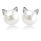 Cute Cat Earrings Sterling Silver Plated Imitation Pearl Stud Earrings for Women Girls