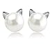 CARLWAY Cute Cat Earrings Sterling Silver Plated Imitation Pearl Stud Earrings for Women Girls