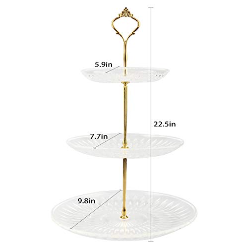 JunYi Acrylic Cupcake Stand 3 Tiered Display Stand with Crystal Clear Plates and Metal Struts Acrylic Stand for Display Cake Holder for Party Wedding Home Décor(Gold New Crown)