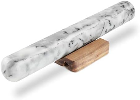 AntTech Genuine Smooth Marble Rolling Pin Sits on a Wood Base Heavy Weight with Large Comfort Grip Handles to Ease Effort -11.8" Length, White
