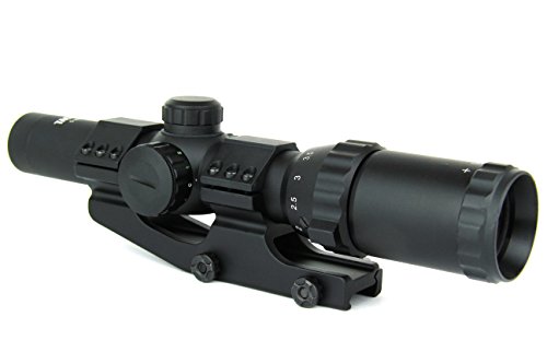 TacFire 1-4 x 24mm Tactical Rifle Scope Green/Red/Blue Illuminated Etched Glass Mil Dot Reticle with 1 Piece Quick Release Picatinny Cantilever Scope Mount , Flip-Up Lens Covers and 1 Extra Rear Scope Ring Mount for Additional Red Dot Sight