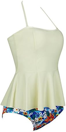 Women's Floral Print Ruffles Strap Tankini Two Piece Swimsuit BeigeUS 16-18=5XL