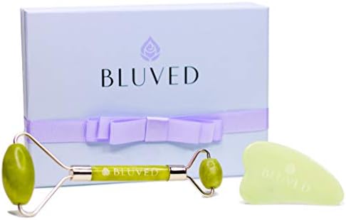 BLUVED Jade Roller for Face and Gua Sha Set - UPGRADED Design & Premium Natural Jade Stone - Face, Eye, Neck, Body Massager for Puffiness, Tension Relief, Anti Aging, Lymphatic Drainage - Perfect Gift