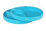 Bakerpan Silicone Toddler Plate with Suction Base, 3 Sections Baby Feeding Plate, Set of 2 (Blue)