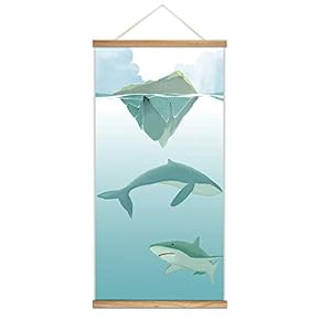Hanging Poster with Wood Frames Blue Whale Canvas Artwork Wall Picture Home Decoration - 18"x36"