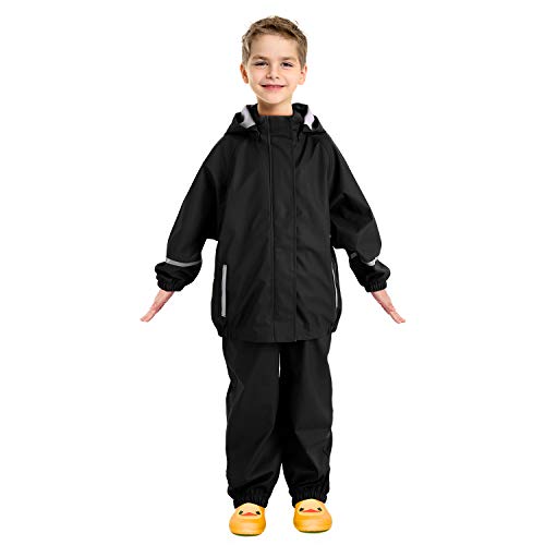 Andake Kids Rain Suit, Waterproof Rain Jacket and Bib Overall (Black, S (4-5Y))