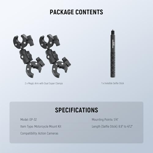 NEEWER BASICS Motorcycle Mount Accessories Kit, Invisible Selfie Stick, Bike Handlebar Mount, Compatible with Insta360 DJI OSMO 360 Pocket 3 Action Cam for POV Video Recording, GP-32